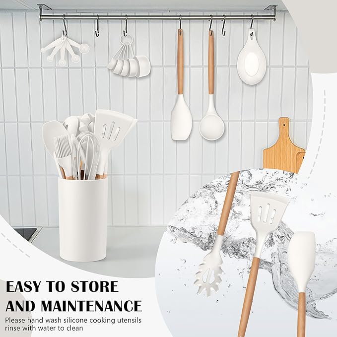 HaWare Kitchen Cooking Utensils Set, 23-Piece Silicone Kitchen Utensils Spatula Set with Holder, Heat Resistant Wooden Handle Kitchen Gadget for Nonstick Cookware, Food-grade Turner Spoon Sets (White)