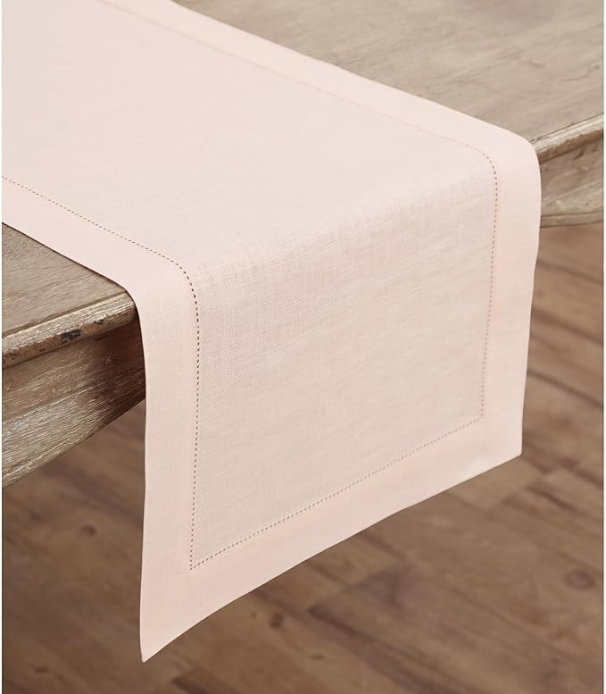 Solino Home Linen Pink Table Runner 36 Inches - Classic Hemstitch, 100% Pure Linen Coffee Table Runner 14 x 36 Inch Ideal for Dresser Tables - Summer, Halloween
