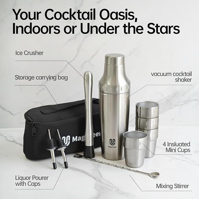 Hybrid Cocktail Shaker Set with Stackable Cups | Vacuum Insulated Stainless Steel Martini Shaker & Bartender Tools | Travel-Ready Kit | 30oz | Gold