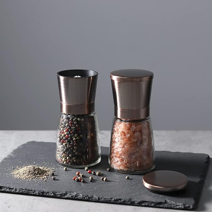 Vzaahu Salt and Pepper Copper Grinders, Set of 2 Refillable Bronze Brass, Seasalt Spice Peppermill with Magnetic Lids Adjustable Coarseness, Ceramic Core, Kitchen Gift