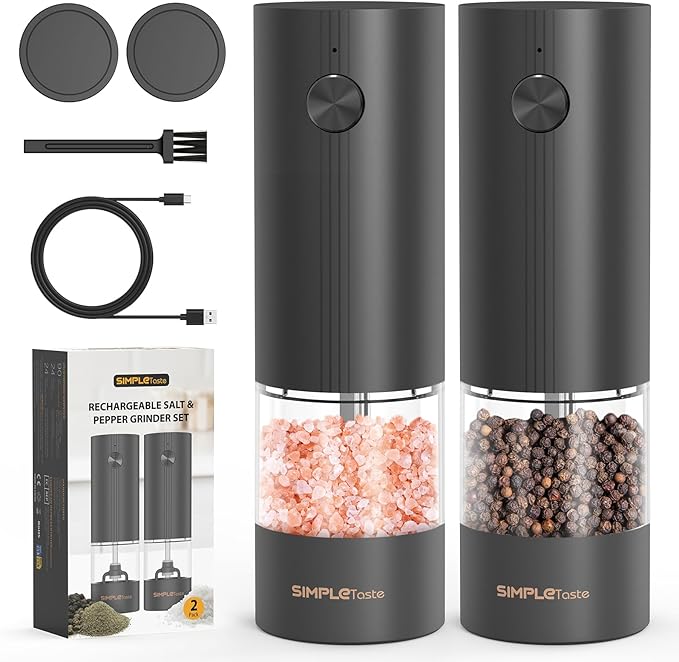 SIMPLETASTE Electric Salt and Pepper Grinder Set Rechargeable with LED Light and Dust Cover, Automatic Pepper Mill Shakers with Adjustable Coarseness, One Hand Operation for Kitchen, Dining, Gifting