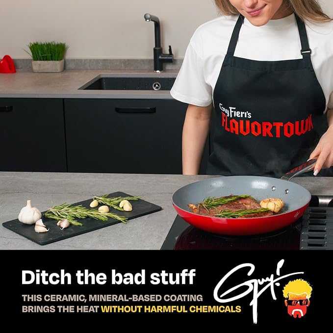 Guy Fieri's Flavortown 2-Piece Ceramic Cookware Set, Nonstick Frying Pan Set 10" and 12", Kitchen Cookware, Made without PFAS PTFE PFOA, Oven and Dishwasher Safe, Easy to Clean Everyday Cookware, Red