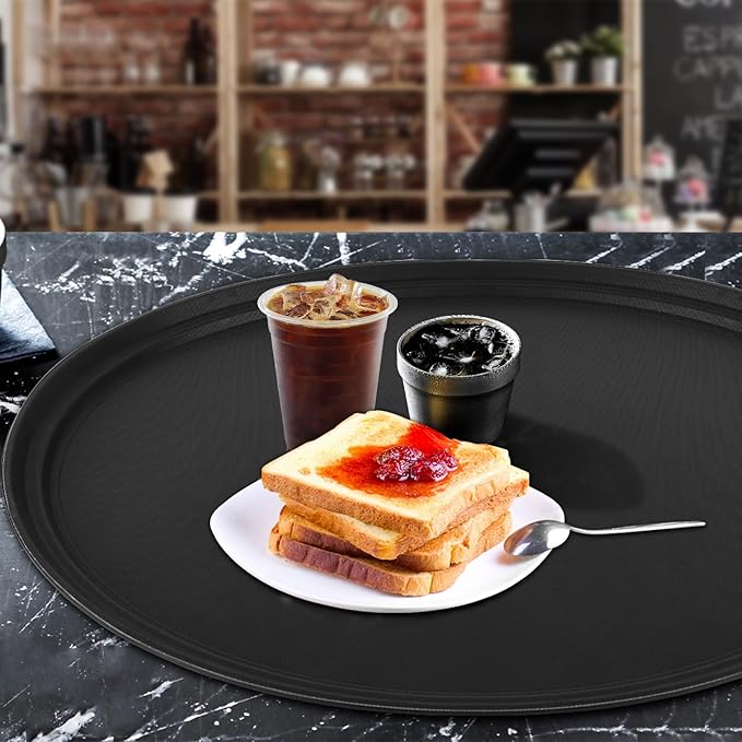 6 Pcs 24 Inch x 29 Inch Large Restaurant Serving Trays, Black PP Plastic Non Slip Tray,Oval Plastic Food Serving Tray with Raised Edges for Home Kitchen Restaurant Cafeterias Fast Food Service