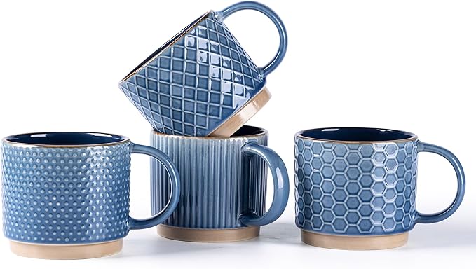 GBHOME 6 OZ Stackable Coffee Mugs, Ceramic Coffee Mugs with Texture Patterns for Man,Woman,Dad,Mom, Modern Coffee Cups Set of 4 for Espresso/Cappuccino/Cocoa. Dishwasher&Microwave Safe, Moonlight Blue