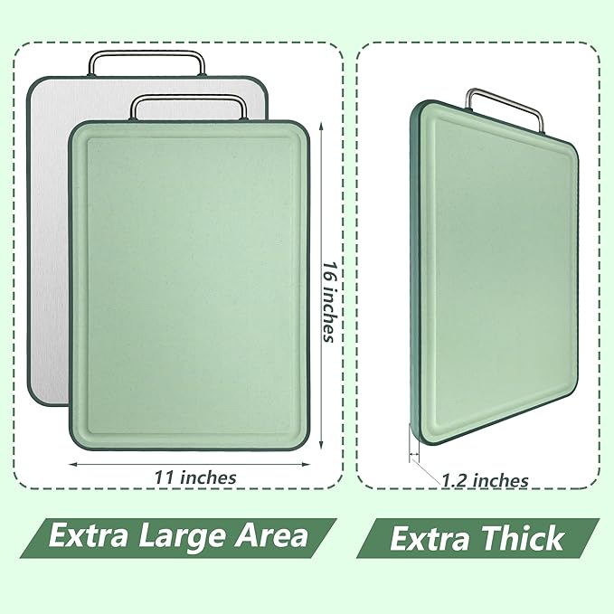 Stainless Steel Cutting Board, Cutting Boards for Kitchen, Stainless Steel/Wheat Straw PP Large Cutting Board with Juice Groove for Meat, Vegetables,Fruits (16 ×11×1 Inches)