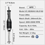 VONCI 280W Commercial Immersion Blender, Light Duty Hand Blender with Variable Speed 6000-20000RPM, Handheld Stick Mixer with 9.5" Detachable Shaft, Professional Blender for Restaurant Kitchen.