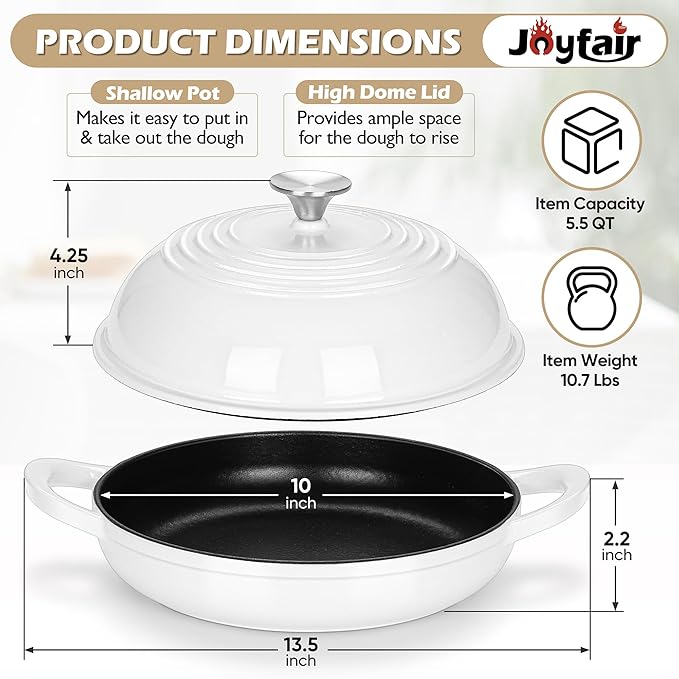 Bread Oven for Sourdough (5.5 QT), Joyfair Enamaled Cast Iron Bread Dutch Oven with Lid, Sourdough Bread Baking Pan, Heavy Duty Dual Handles, Non-Stick & Even Cooking, Oven-safe up to 500°F, White