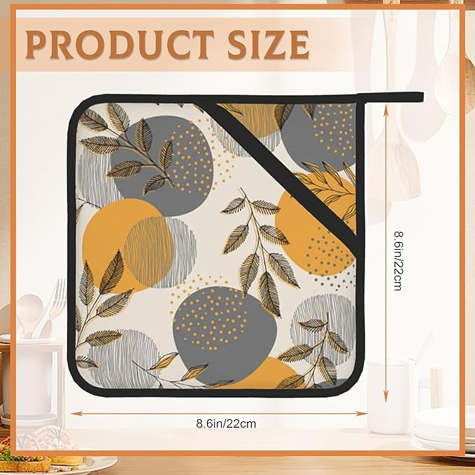 Boho Leaves Pot Holders Set of 2 Heat Resistant Potholders,Stripes and Dots Fire Oven Hot Pads for Kitchen Cooking Baking Barbecue