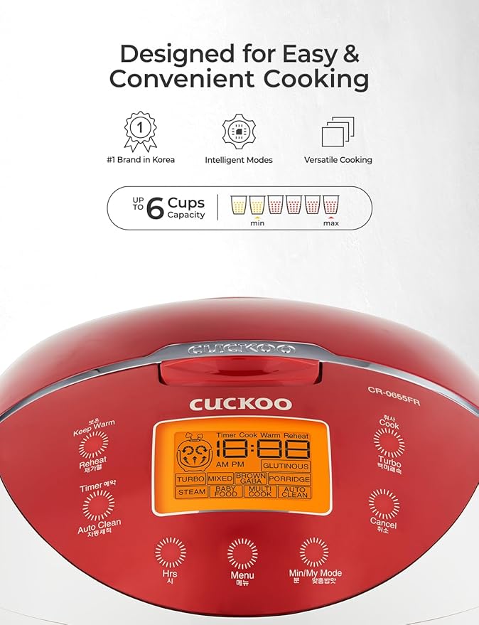 Cuckoo CR-0655F Rice Cooker & Warmer, 6 cups, LCD Display 11-Menu Options - White, Turbo, Mixed, and Brown/GABA Rice, Porridge, Steam Multi Cook, My Mode, 16-Various Cooking Methods, Sm, Red/White