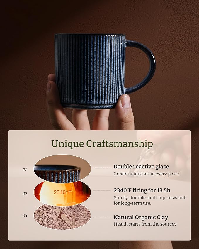 famiware Star Espresso Cups and Saucers Set of 4, [ Mini ] 3 oz Ceramic Small Coffee Mug with Handle, Ribbed Stoneware Demitasse Cup for Tea, Latte - Microwave & Dishwasher Safe - Nebulas Blue