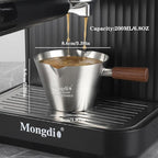 Mongdio Espresso Measuring Cup, Stainless Steel Espresso Shot Cups with Wooden Handle and Double Spouts, 6.8OZ/200ML, Silver