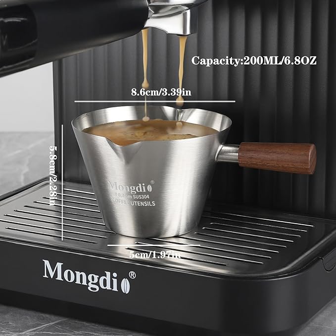 Mongdio Espresso Measuring Cup, Stainless Steel Espresso Shot Cups with Wooden Handle and Double Spouts, 6.8OZ/200ML, Silver
