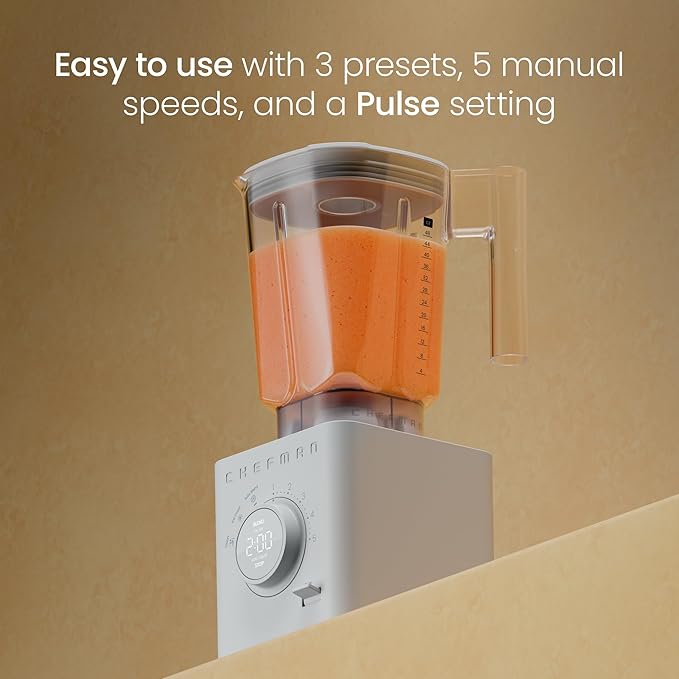 Chefman Obliterator 48 oz Countertop Blender for Smoothies, 1380W Motor to Crush Ice, Nuts, and Frozen Fruit with Stainless Steel Blade, Auto Blend Function, Includes 20 oz Travel Jar