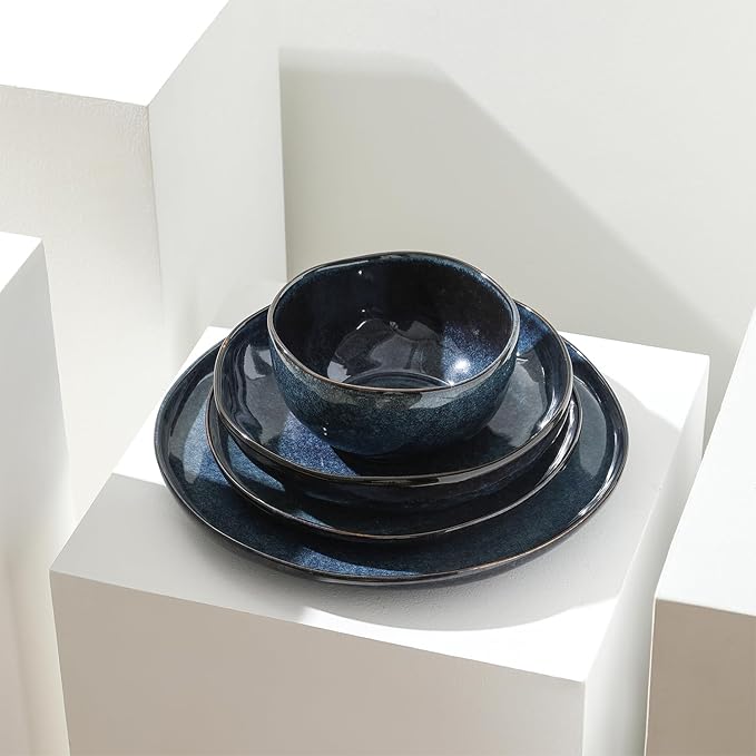 Stone Lain Mirella 4-Piece Pasta Bowl Set Stoneware, Microwave and Dishwasher safe, Blue