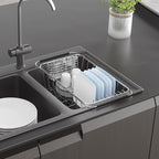 JAQ Small Dish Drying Rack in Sink Adjustable 14.25" to 20.55", Expandable 304 Stainless Steel Metal Dish Drainer Rack Organizer with Stainless Steel Utensil Holder Over Sink Counter (for 1-2 People)