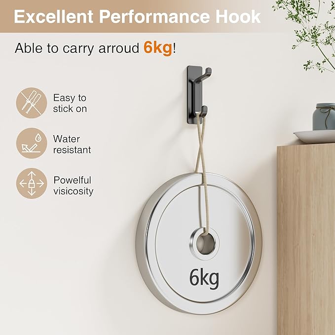 Self Adhesive Wall Hooks for Hanging: Extra Strong 13 LB, Hook for Coat, Towel in Bathrooms, Shower, Kitchen, Wall, Door Hook, Black 12 Pack