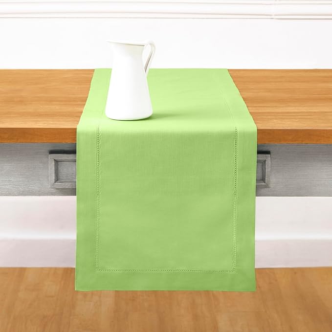 Solino Home Table Runner 90 Inches Long - Cotton Linen Hemstitch Apple Green Table Runner 14 x 90 Inch for Summer