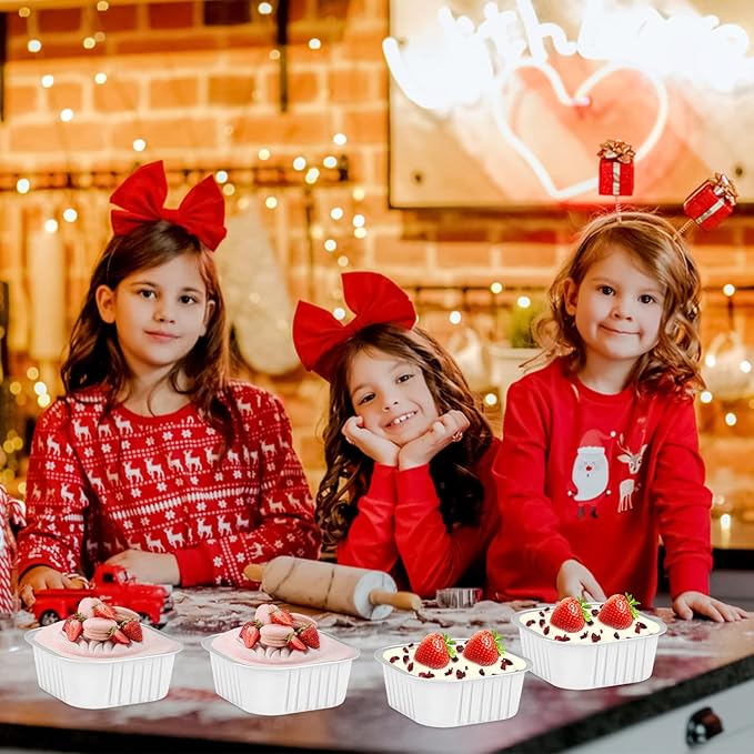 LNYZQUS 10oz/80pack Mini Cake Baking Pans with Lids, 4”X4” Small Cake Pan Foil Brownie Muffin Tins, Square Disposable Ramekins Cupcake Baking Cups Dessert Cheesecake Containers-White