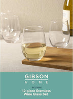 Gibson Home Bellini Glass 12 Piece All Purpose 18.5 oz Stemless Red, White, Water, Beverage Glasses/Tumbler - Set of 12 - Dishwasher Safe
