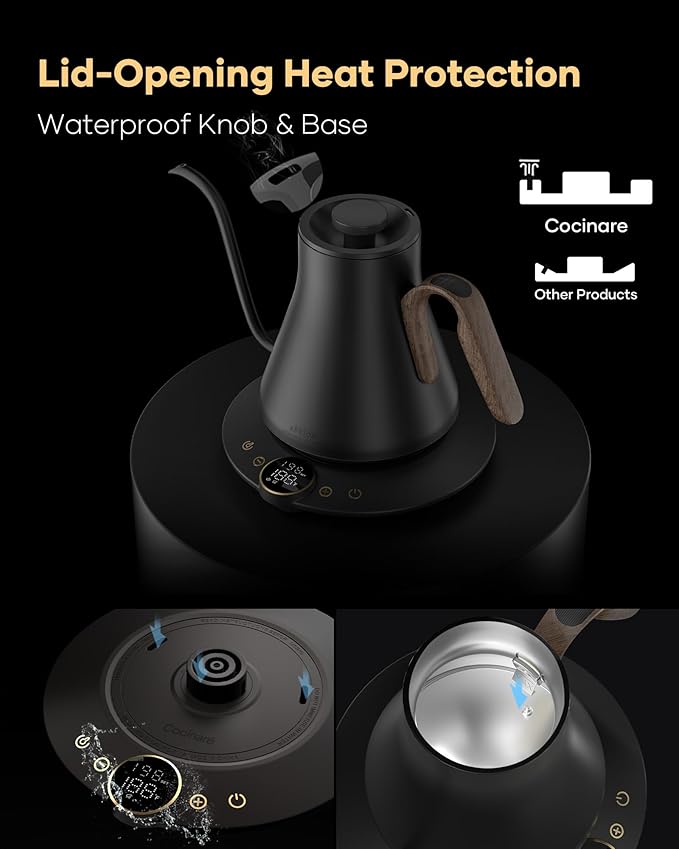 Cocinare FLOW B9 Gooseneck Electric Kettle, Precise Temperature Control for Pour-Over Coffee & Tea Brewing, Stainless Steel Interior, Rapid Heating for Boiling Water 1500W/0.9L (Black Walnut)