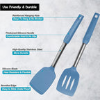 Silicone Spatula and Cooking Spoon,5 Pack Solid & Slotted Spoons and Spatulas High Heat resitant for Kitchen, Stainless Steel Handle Coated with Silicone, Non Stick Utensil, Starry blue