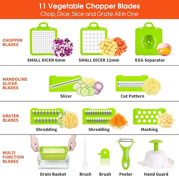Vegetable Chopper, Pro Onion Chopper, 14 in 1Multifunctional Food Chopper, Kitchen Vegetable Slicer Dicer Cutter,Veggie Chopper With 8 Blades,Carrot and Garlic With Container (Gray) (White)