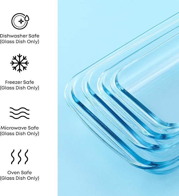 JoyJolt 8-Piece Borosilicate Glass Oven Dishes with Powder Blue Lids, Rectangle Deep Glass Baking Dish Set, Baking Pans for Lasagna Casserole Cake, Bakeware Set, Freezer to Oven Tray to Dishwasher