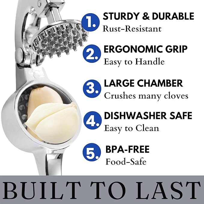 Premium Large Garlic Press & Herb Scissors Set, Soft & Easy to Squeeze Handle Garlic Press Stainless Steel, Herb Scissors, Garlic Mincer Tool, Garlic Peeler, Garlic Crusher & Herb Cutter Scissors