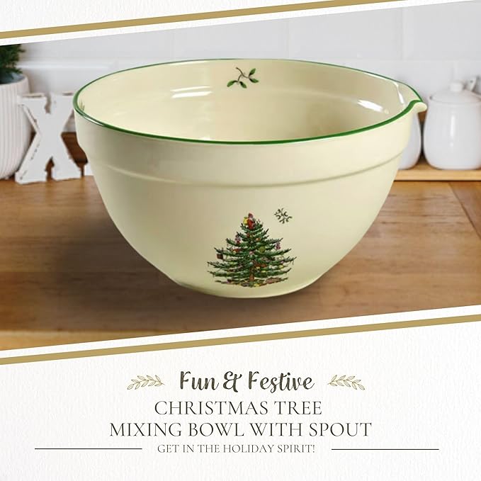 Spode Christmas Tree Mixing Bowl with Spout, 2-Quart Batter Bowl with Pour Spout, Measures 9-Inches, Holiday Serving Dishes, Dishwasher and Microwave Safe