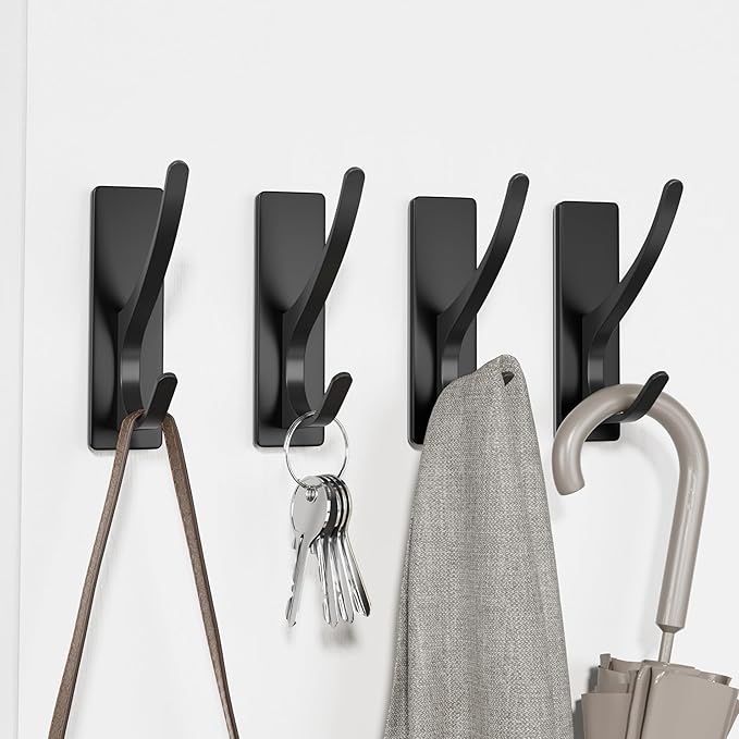 Self Adhesive Coat Hooks for Hanging, Heavy Duty Stainless Double Wall Hook for Towel, Backpack, Hat, Sturdy Metal Hanger for Bathroom, Bedroom, Door, Wall Mounted, 10 Pack, Matt Black, New