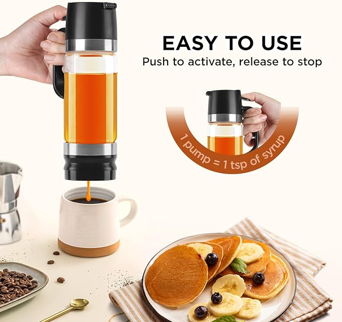 Aelga Coffee Syrup Dispenser, Honey Dispenser, 12 OZ Glass Syrup Bottles with Handle, No Drip Pouring, Coffee Bar Accessories for Coffee and Tea, Black 2 Pack