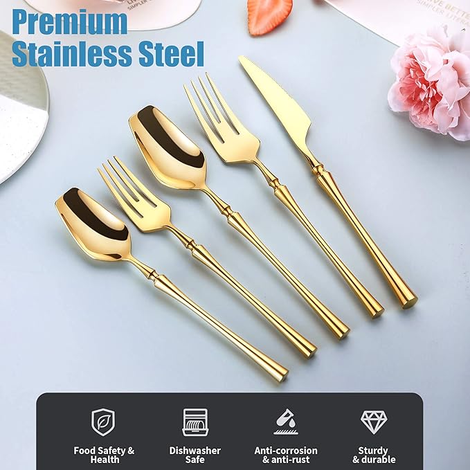 Lemeya 20-Piece Gold Silverware Set for 4,Modern 18/10 Stainless Steel Flatware Set,Unique Rustic Cutlery Utensils Set,Spoon and Fork Set for Home, Restaurant,Wedding,Mirror Polished,Dishwasher Safe