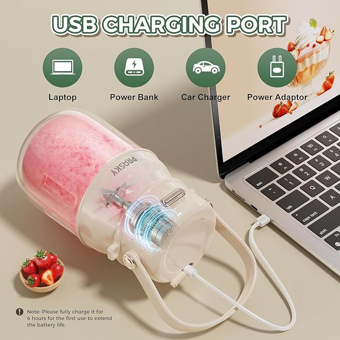 Portable Blender, Prasky Personal Blenders for Shakes and Smoothies with 27oz Cup, Lid and Shoulder Strap,Type-C USB Rechargeable, Personal Size Blenders BPA-free for Gym/Travel/Kitchen (Ivory White)