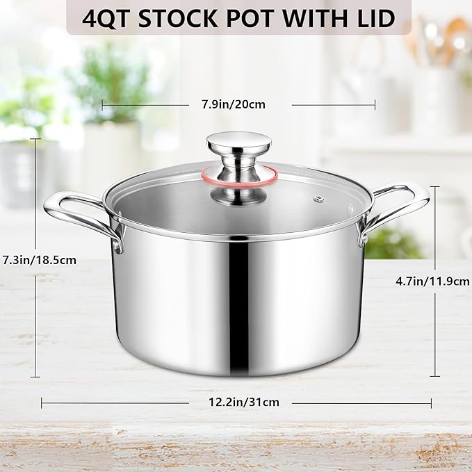 4QT Stock Pot with Lid, Homikit 18/10 Tri-Ply Stainless Steel Cookware Stockpot, Induction Cooking Pot Compatible with All Stove for Soup Pasta Steaming and Stewing, Dishwasher Safe