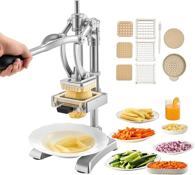 VEVOR Commercial French Fry Cutter, Stainless Steel Vegetable Fruit Chopper with 3 Replacement Blades 1/2-Inch 3/8-Inch 1/4-Inch, and a Juicing Blade, Manual Potato Slicer Dicer for Restaurants & Home