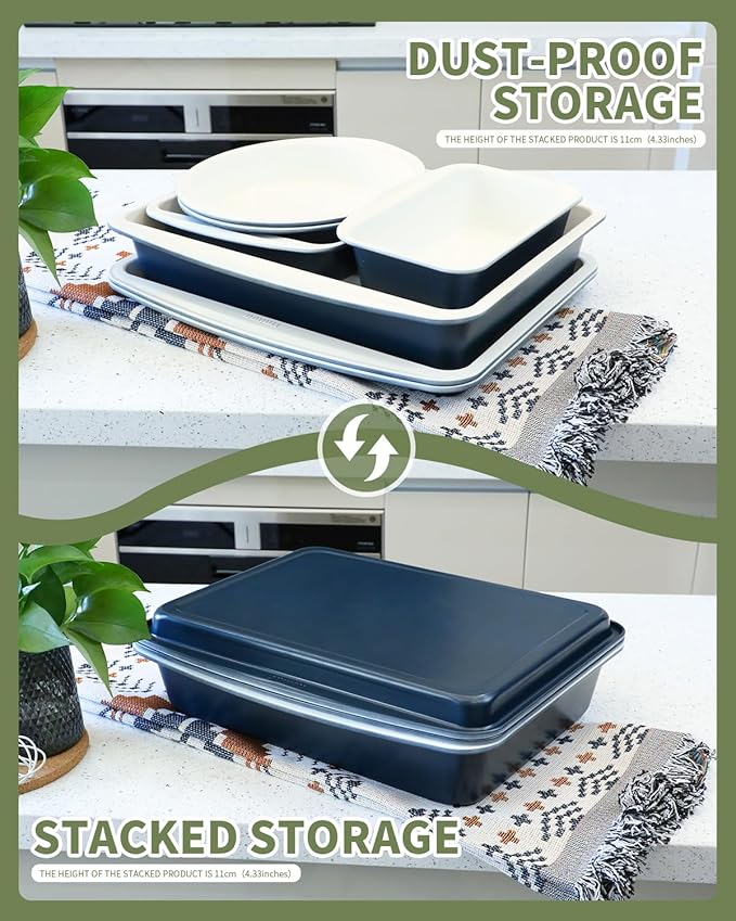 Ceramic Nonstick Baking Pans Set, Non Toxic 30 PCS Stackable Bakeware Sets, 550°F Oven Safe Baking Sheet & Pans, Warp-Free, Dishwasher Safe, PTFE/PFOA/PFOS-Free (Blue)