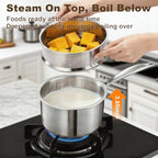MOUTIUS 1QT+2QT+3.5QT With Steamer Handle Triple Stainless Steel Saucepan with Lid, Ramen Pot with Clear Glass Cover, Small Sauce Pan for Cooking Oatmeal, Dishwasher-Safe, Suitable for All Stoves