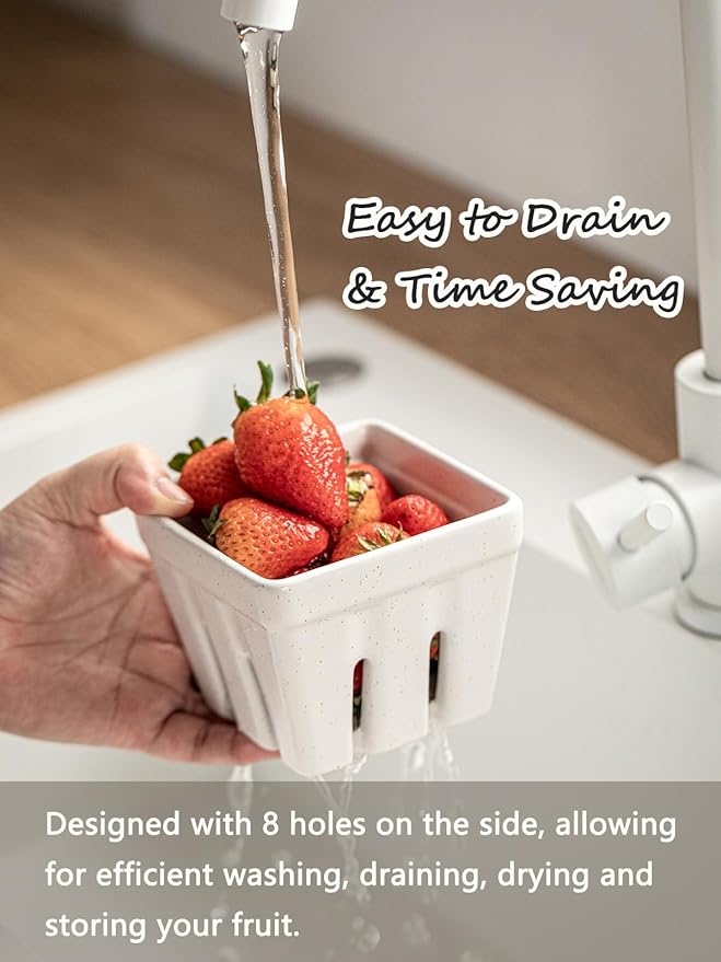 Gomakren Ceramic Berry Basket Set of 2, Square Fruit Bowls with Holes, Rustic Fruit Basket Containers for Kitchen, Berries, Strawberry, Grape, Cherry - Cream White