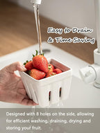 Gomakren Ceramic Berry Basket Set of 2, Square Fruit Bowls with Holes, Rustic Fruit Basket Containers for Kitchen, Berries, Strawberry, Grape, Cherry - Cream White