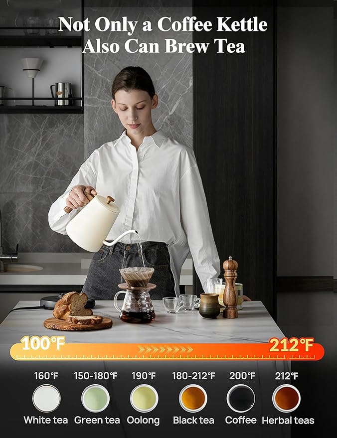 KLEAH Gooseneck Electric Kettle with Temperature Control - 0.8L Automatic Shut Off Tea & Coffee Kettle, Hot Water Boiler Pour Over Coffee Kettle, 1200W Quick Heating Keep Warm, Bone White