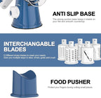 Cambom Rotary Cheese Grater Hand Crank Cheese Shredder for Fresh Cheese, Vegetable, Nuts, Non-slip Suction Base,Five Blades, Deep Blue