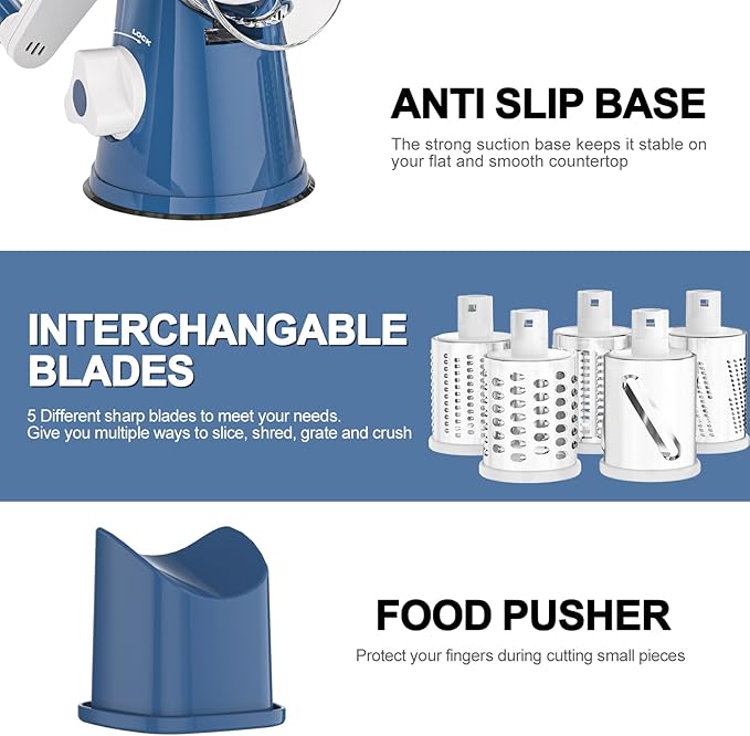 Cambom Rotary Cheese Grater Hand Crank Cheese Shredder for Fresh Cheese, Vegetable, Nuts, Non-slip Suction Base,Five Blades, Deep Blue