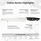 10” Bread Knife – Razor Sharp German Steel DIN1.4116 – Serrated Knife for Slicing Homemade Bread, Sourdough & Cake – Full Tang & Ergonomic Handle – Gift Box – Velina series