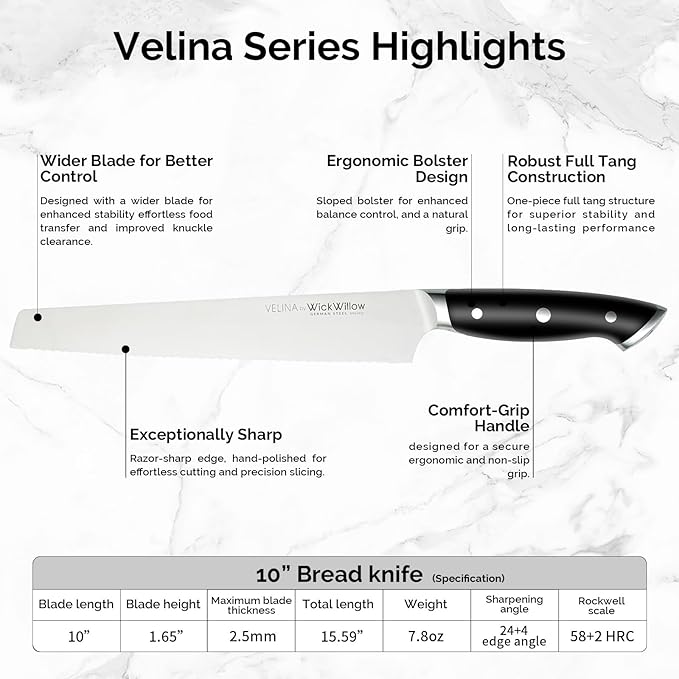 10” Bread Knife – Razor Sharp German Steel DIN1.4116 – Serrated Knife for Slicing Homemade Bread, Sourdough & Cake – Full Tang & Ergonomic Handle – Gift Box – Velina series