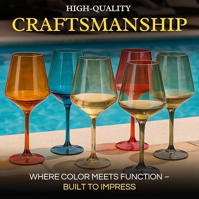 European Style Plastic Crystal, Stemmed Wine Glasses | Set of 6 | Acrylic Tritan Drinkware, Unbreakable Muted Color Shatterproof BPA-free, Reusable, Floating Pool & Indoor & Outdoor, Hand Wash 15oz