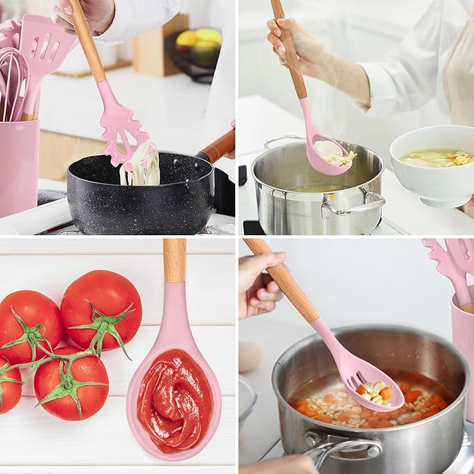 E-far Kitchen Utensils Set of 12, Silicone Cooking Utensils with Holder, Non-stick Cookware Friendly & Heat Resistant, Includes Spatula Tong Whisk Ladle Brush Slotted Turner Spoon(Pink)
