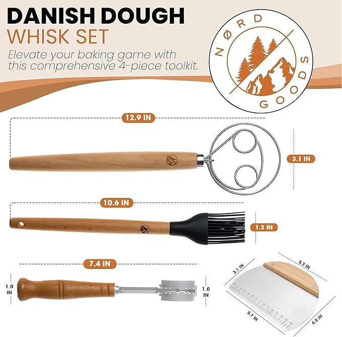 Danish Dough Whisk Stainless Steel Set 4PCS – Dough Hook 13'', Sourdough & Bread Making Tools Kit – Includes Wooden Bench Scraper, Bread Lame & Pastry Brush – Top Sour Dough Tools for Baking
