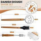Danish Dough Whisk Stainless Steel Set 4PCS – Dough Hook 13'', Sourdough & Bread Making Tools Kit – Includes Wooden Bench Scraper, Bread Lame & Pastry Brush – Top Sour Dough Tools for Baking