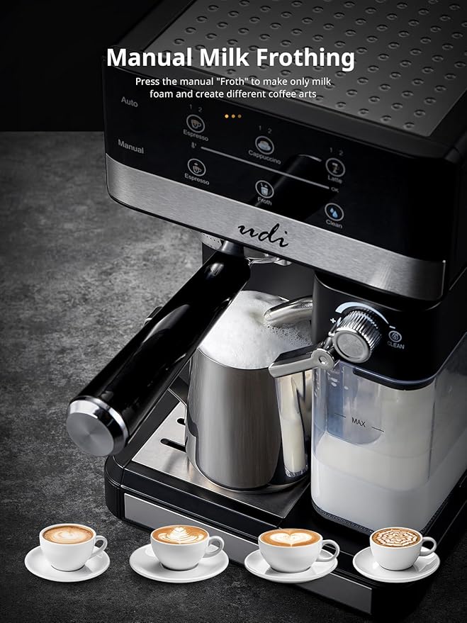 UDI Espresso Machine, 20 Bar Cappuccino & Latte Coffee Maker with Automatic Milk Frother, Auto or Manual Quick Brew Dual Boiler, Touchscreen Espresso Maker, Black