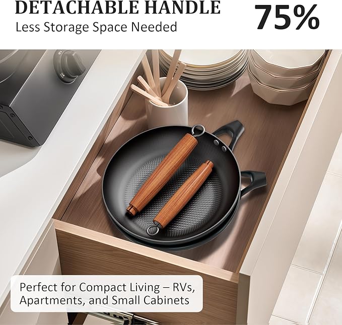 YUTANN Nonstick Frying Pan Set, 8" 10" 12" Ceramic Frying Pans, Pre-seasoned Cast Iron Pan Cookware Set with Removable Handle, Dishwasher Safe, Free of PFAS & PFOA, Compatible with All Stovetops